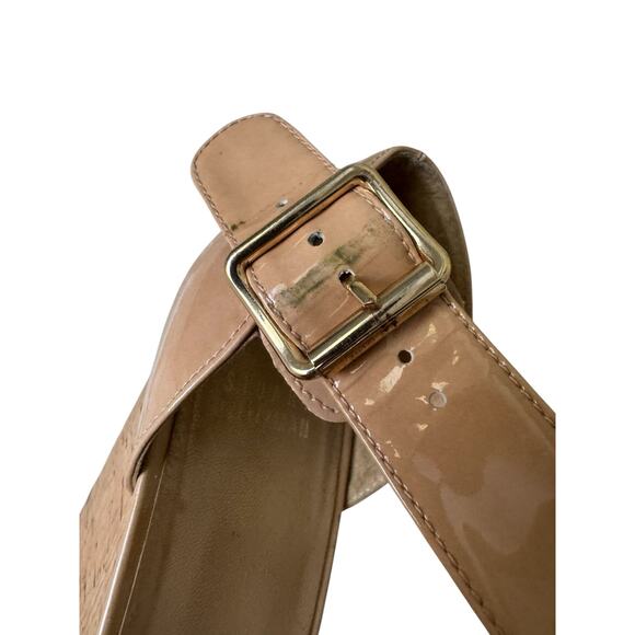Stuart Weitzman Nude Patent Leather Cork Wedge Platform Sandals 9M Made in Spain - Picture 8 of 12